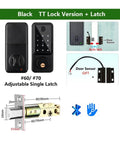 Black TT Lock version with adjustable latch for waterproof biometric smart deadbolt door lock installation.