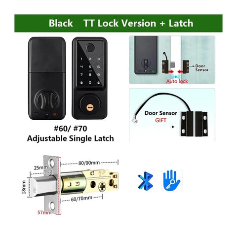 Black TT Lock version with adjustable latch for waterproof biometric smart deadbolt door lock installation.