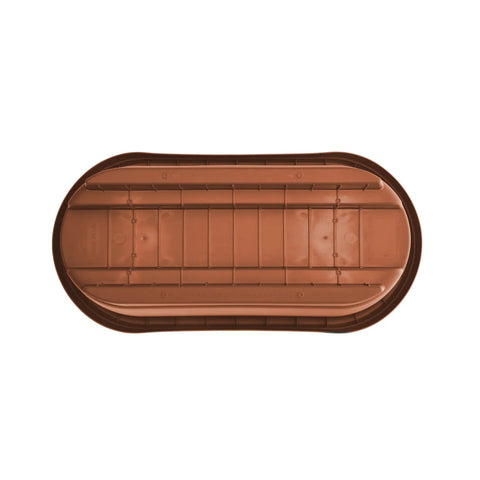 Bottom view of Terra Cotta 24 Inch Rail Planter For Deck And Balcony With 4 Gallon Capacity Fits Rails Three And One Quarter To Three And Three Quarter Inches Wide UV Protected Resin Weather Resistant No Tool Needed Easy Cleaning Made In USA