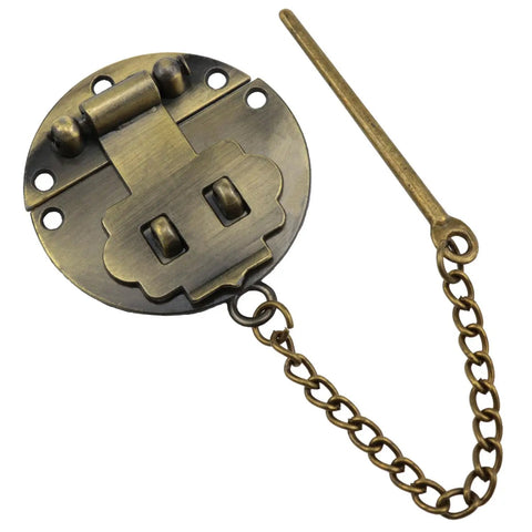 Heavy Duty Retro Latch Hasps With Warm Bronze Finish features chain pins and mounting screws for jewelry boxes, 58 x 50 mm.