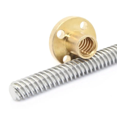 Two Pack 300mm T8 Lead Screws With Brass Nuts For 3D Printer Z Axis Acme Thread 8mm Lead 2mm Pitch Four Start Heavy Duty High Precision Linear Motion brass nut and lead screw close-up