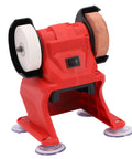 Omquot Mini Bench Grinder With Fully Copper Motor For Polishing Wood Metal Jewelry Small Multipurpose Electric Grinding Machine Compatible With 18V Battery Users, compact red design with grinding wheels.