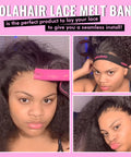 Woman using lace melting spray for glueless wig installs, applying band for smooth natural lace blend with skin tone