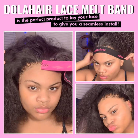 Woman using lace melting spray for glueless wig installs, applying band for smooth natural lace blend with skin tone