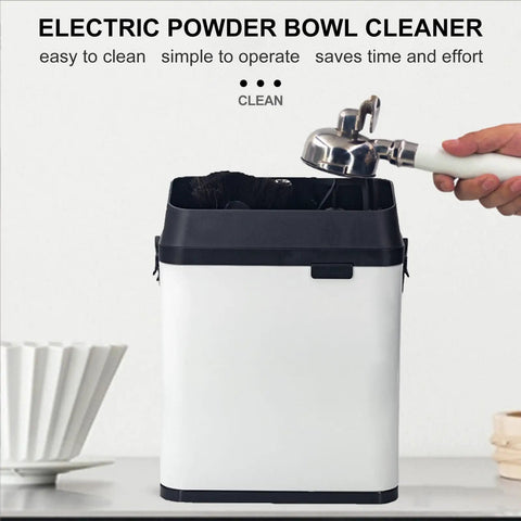 Top Shelf Electric Knock Box And Commercial Portafilter Cleaner on a table, compact design for easy cleaning and operation.