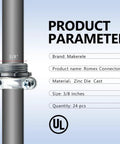 Diagram showing UL-listed 3/8 inch Romex connector with zinc die-cast material, 24 pack, for metallic conduit and electrical boxes.