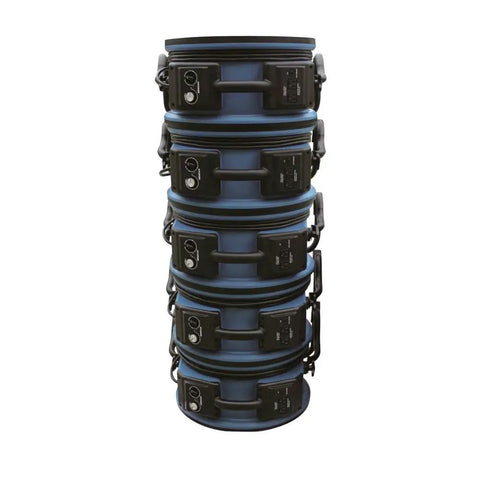 No Nonsense Heavy Duty Axial Air Mover Fan With Variable Speed Control And Three Hour Timer Pulling Maximum Cubic Feet Per Minute Through Wet Basement Spaces Blue stacked for easy storage.