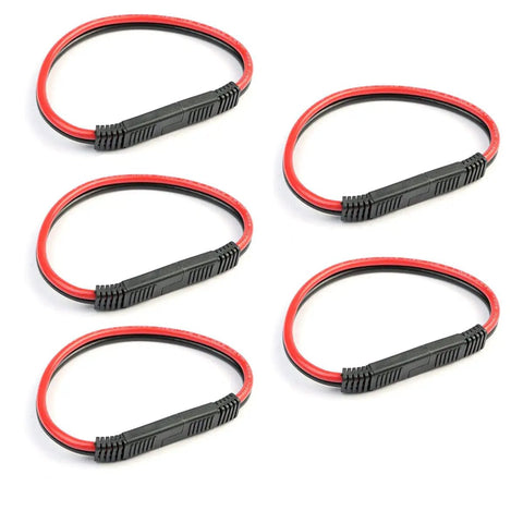 Five-pack of 12 gauge 2-pin quick disconnect polarized SAE connector wire harnesses with waterproof red and black leads for vehicles