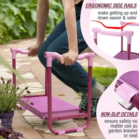 Person using upgraded garden kneeler and seat with rugged steel frame, EVA foam knee pad, tool pouch, non-slip for yard work