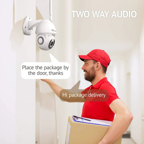 Outdoor Security Camera 1080P HD WiFi With 360 Pan Tilt Night Vision Two Way Audio in use during package delivery.