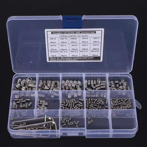 Open case of 340 Piece Stainless Steel Set Screw Kit With Hex Adapters And Six Wrenches For M2.5 To M8 Machine Screws Perfect For Makers