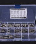 340 Piece 304 Stainless Steel Set Screw Kit with End Hex Adapter and 6 Wrenches in a clear case for aluminum profile frames.
