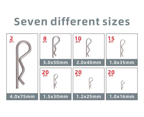 95 Piece Cotter Pins Kit With 7 Sizes Heavy Duty Stainless Steel R Clips For Trailer Hitch And Spring Fasteners Rustproof 304 Grade Hardware Essentials displayed with individual sizes
