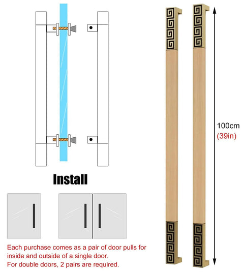 Dope Sliding Barn Door Push Pull Handle Set, Rectangle Front Door Handle With Screws, Exterior Interior Single Or Double Sided Install, Style3 39 Inch Length, Durable Aluminum Alloy Construction, Easy Install, shown with installation diagram and dimensions.