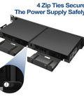Heavy Duty Dual Mini PC Rack Mount With Hinged Steel Shelf And Hand Twist Screws Saves Prime Rack Space Fits Standard 19 Inch One U Cabinets, showing zip ties securing power supply.