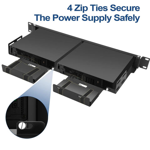 Heavy Duty Dual Mini PC Rack Mount With Hinged Steel Shelf And Hand Twist Screws Saves Prime Rack Space Fits Standard 19 Inch One U Cabinets, showing zip ties securing power supply.