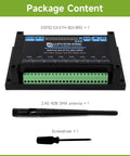 Package content including Industrial 8-Channel ESP32-S3 WiFi Relay Module with RS485 interface, antenna, and screwdriver