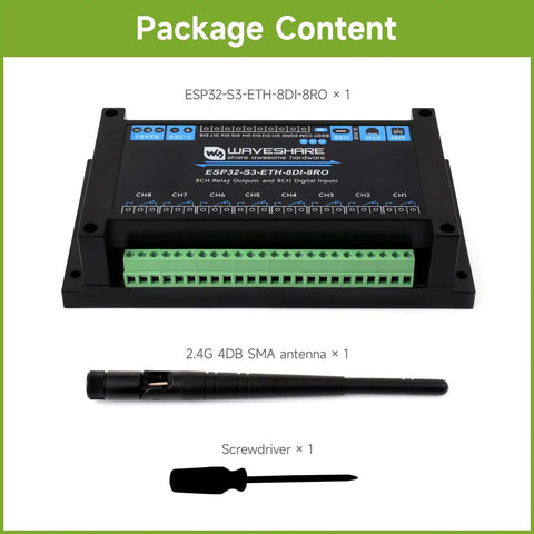 Package content including Industrial 8-Channel ESP32-S3 WiFi Relay Module with RS485 interface, antenna, and screwdriver