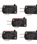 Rock Solid Heavy Duty Spdt Micro Switch With A Rugged Pin Plunger Actuator And Crisp Snap Action 16Amp 125 250Vac Straight Up Quick Connect Terminals 5 Pack stacked view of five switches with connectors.