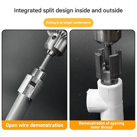 1 Pc Portable Electric Pipe Threading Tool Kit For 1/2 And 3/4 Inch PVC Plastic Pipes Durable Re threading Adapter close-up showing split design and threading process.