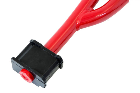 Adjustable Trans Mount Torque Arm For GM F Body 82 02 Camaro Firebird 2205 R High Performance Upgrade For Smoother Shifts And Beefed Up Power Handling And Control. red steel mount close-up