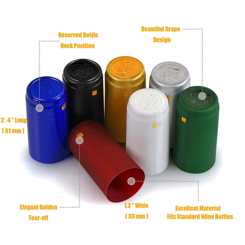 Premium PVC Heat Shrink Wine Bottle Capsules 120 Count Black Red Gold Cork Seal Wrap For Cellars And Home Wineries. Various colors and sizes shown.