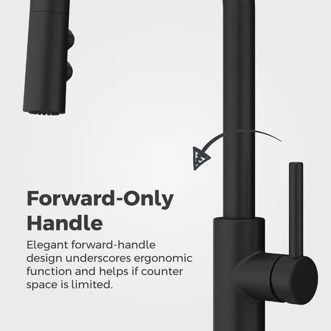 Forward handle of Matte Black 1 Handle Pull Down Kitchen Faucet With MagnePfit Magnetic Dock Three Setting Spray Head shown