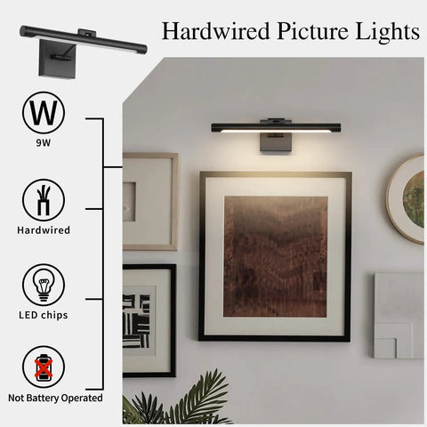 Sleek 16.53 Inch LED Picture Light For Paintings, black wall lamp illuminating artwork, 3000K warm white, hardwired setup