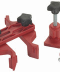 Front view of OTC cam gear clamp and holder set; red plastic clamps with black knobs, three-piece automotive tool.