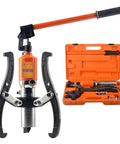 Heavy Duty Hydraulic Gear Puller Kit With Adjustable Two Or Three Jaws For Bearing Removal And Wheel Hub Extraction With Safety Relief Valve And Portable Plastic Storage Box Fits Vertical And Horizontal 15 Ton Capacity Power Through Stubborn Parts., orange 15 ton hydraulic gear puller with jaws and storage case