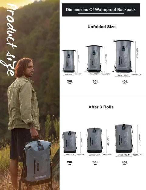 Man holding Waterproof Dry Backpack For Men 20L 30L 40L with size chart, 500D PVC material, in outdoor setting
