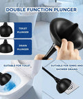 Heavy Duty Toilet Plunger With Sleek Floor Holder Kick Serious Bathroom Grime Monster Suction Unblocks Clogged Drains Real Quick Matte Black Sturdy Grip in use for toilet and sink drains.