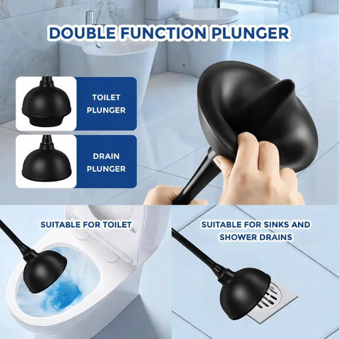 Heavy Duty Toilet Plunger With Sleek Floor Holder Kick Serious Bathroom Grime Monster Suction Unblocks Clogged Drains Real Quick Matte Black Sturdy Grip in use for toilet and sink drains.