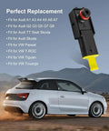 Close-up of brake booster pressure sensor for Audi and VW; black housing with red seal and yellow connector.