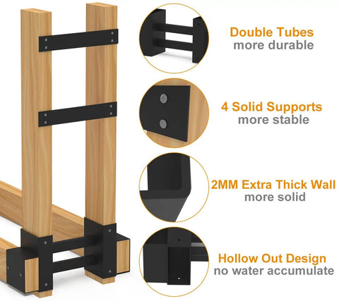 Outdoor Firewood Rack Brackets Kit For Quick Wood Piling And Storage Adjustable Log Stacking Stand For 2x4 Lumber Black Set Of 2 Heavy Duty Metal Brackets For A Neat Firewood Yard, showing wood assembly with black metal brackets, durability features highlighted.