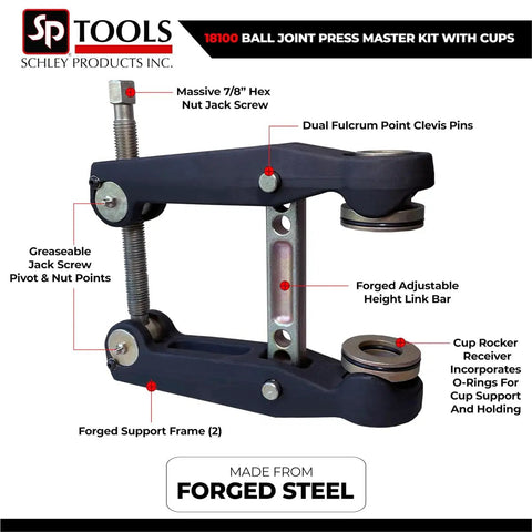 Ball Joint Press Master Kit With 10 Cup Sizes for Ford Dodge Ram Chevy GMC with forged steel adjustable parts visible