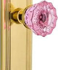 Deco Plate Crystal Pink Glass Door Knob Set In Polished Brass With Privacy For Bathrooms And Bedrooms Two And Three Quarters Inch Backset