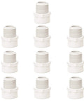 PVC Three Quarter Inch Two-Way Male Threaded Adapter Socket To Male Pipe Thread Fittings Schedule 40 White 10 Pack Slip End NPT Connector