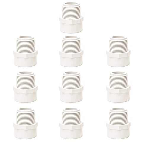 PVC Three Quarter Inch Two-Way Male Threaded Adapter Socket To Male Pipe Thread Fittings Schedule 40 White 10 Pack Slip End NPT Connector