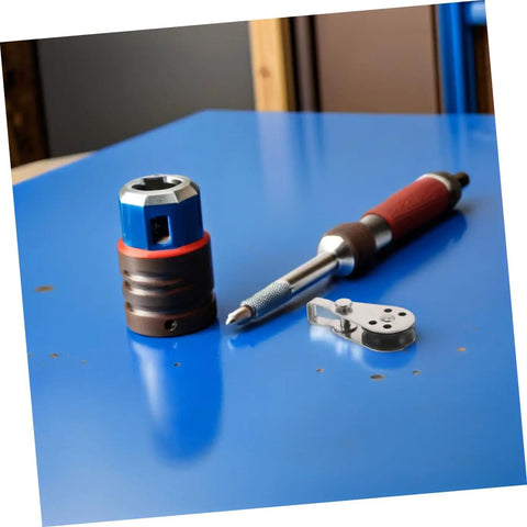 Close-up of tools on a blue surface, including a small metal pulley, suggesting components for 4 Piece Stainless Steel Boat Pulley Blocks.