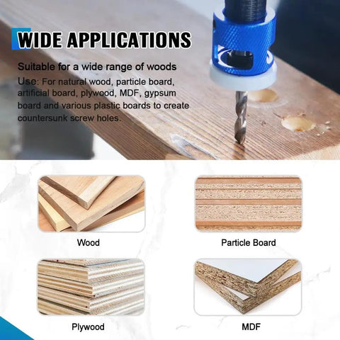 Heavy Duty Adjustable Depth Stop Carbide Countersink Bit Set With HSS M2 Tapered Drill Bits And Quick Release Quarter Inch Hex Shank for wood, MDF, and particle board.