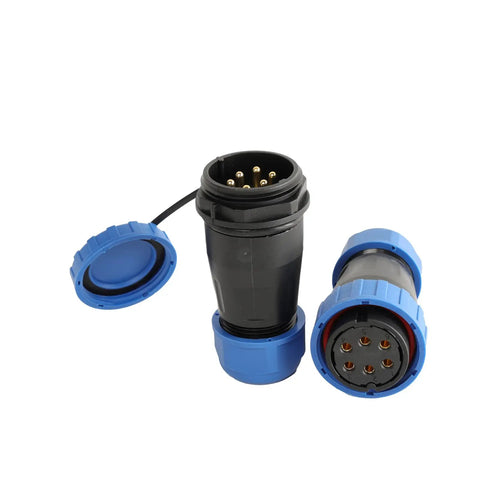 TY28 Waterproof Docking Connector 6 Pin Panel Mount for Control Panels, shown with open caps, built for high current 25A 380V.