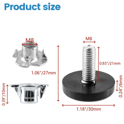 Product size diagram for Set Of 8 Adjustable Leveling Feet With M8 Bolt Screw-On Base And Four-Claw Nail, 27x30mm, 1.06x1.18 in