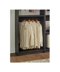 Freestanding Gray Wood Closet System With Five Modular Wardrobe Units For No Stress Setup Clean Vibes showing hanging beige shirts.