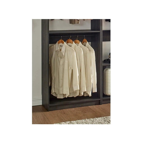 Freestanding Gray Wood Closet System With Five Modular Wardrobe Units For No Stress Setup Clean Vibes showing hanging beige shirts.