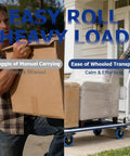 Image comparing struggle of carrying boxes with using 4 Inch Heavy Duty Caster Wheels Set Of Four With Dual Locking Brakes for easy transport.