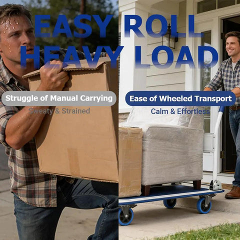 Image comparing struggle of carrying boxes with using 4 Inch Heavy Duty Caster Wheels Set Of Four With Dual Locking Brakes for easy transport.