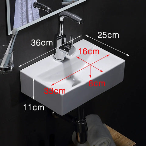Bathroom Sink Bathroom Vanity Ceramic Vessel Sink Wall Mount Small Bathroom Corner Basin and Faucet White Vessel Sink, dimensions shown.