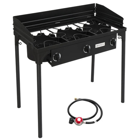 Three-Burner Outdoor Propane Stove With Detachable Stand And Windscreen, 225,000-BTU heavy duty iron cast patio cooker.