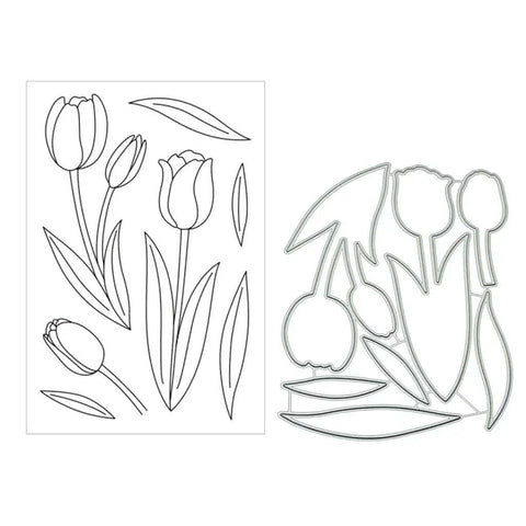 Clear Stamp And Die Set For Card Making And Scrapbooking featuring tulip shapes, TPR stamp with matching carbon steel cutting dies.